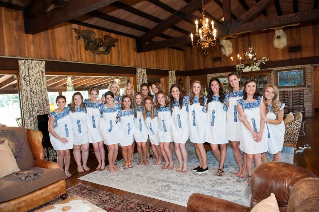The bridal party models dresses from Mi Golondrina, Dallas, special gifts from the bride.