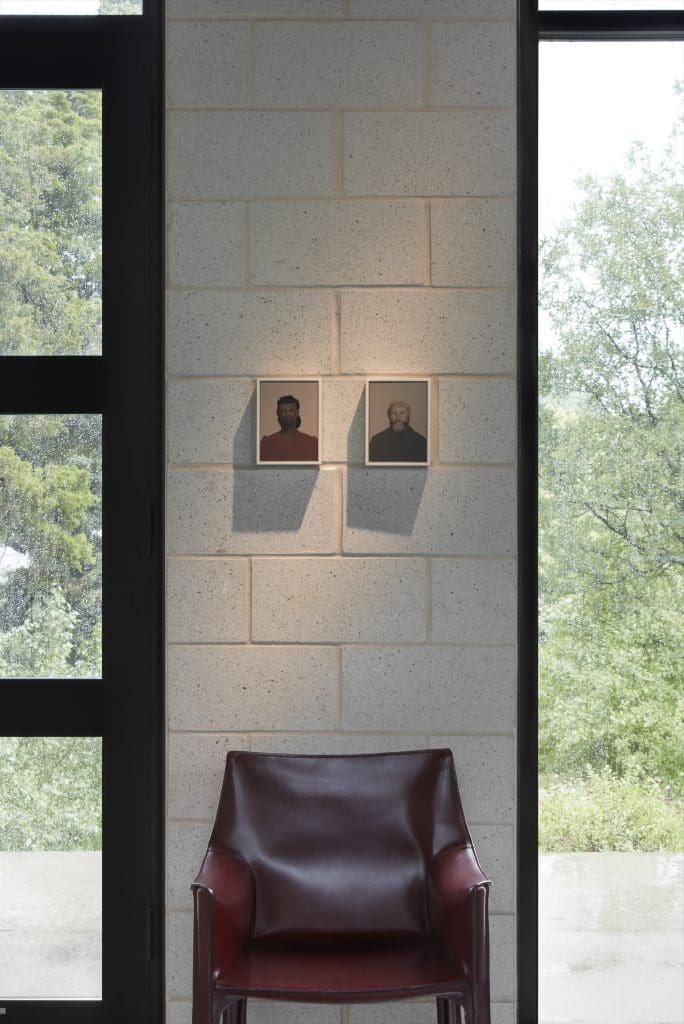 Sara Ball’s "Accused Part III," 2014; "Sexual Perversion," 2014; "Immigrants," 2015; and "Denmark (Healthy Dane in Search of Pleasure)," 2015. Vintage Cassina Cab chair by Mario Bellini.