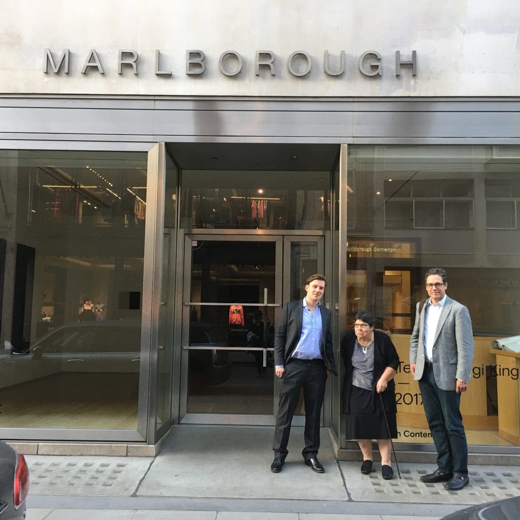 Gallery director Ed Spurr, artist Susan Te Kahurangi King, curator Chris Byrne, outside Marlborough Contemporary London, in the tony Mayfair District. Marlborough is known as the gallery that showed Francis Bacon. 
