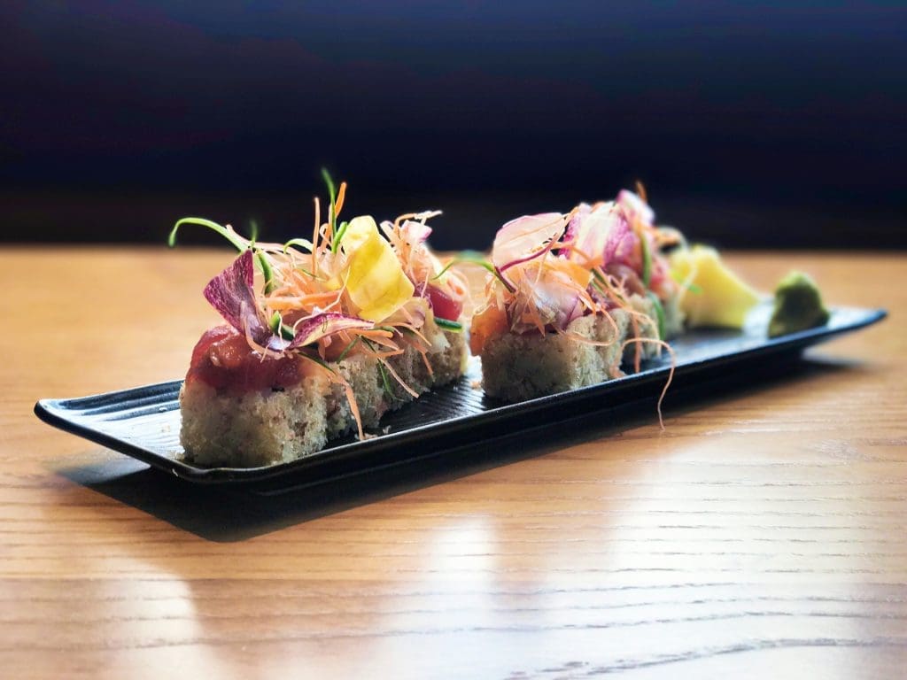The crispy prawn and diced sashimi maki roll at Roka Akor 