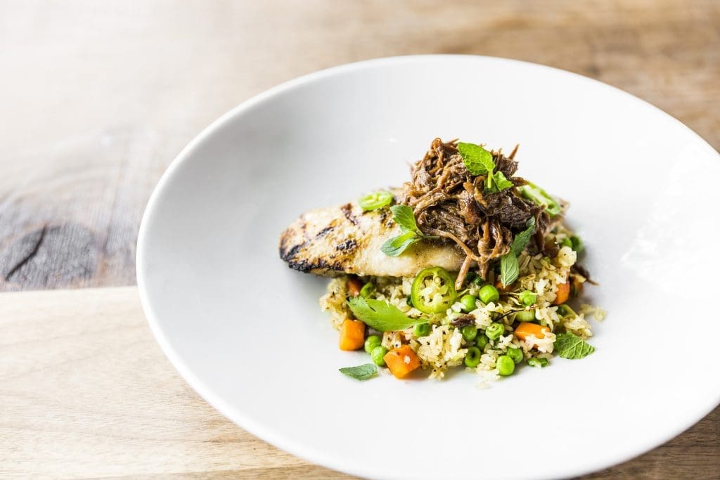 Grilled Gulf fish and braised oxtail with fried rice