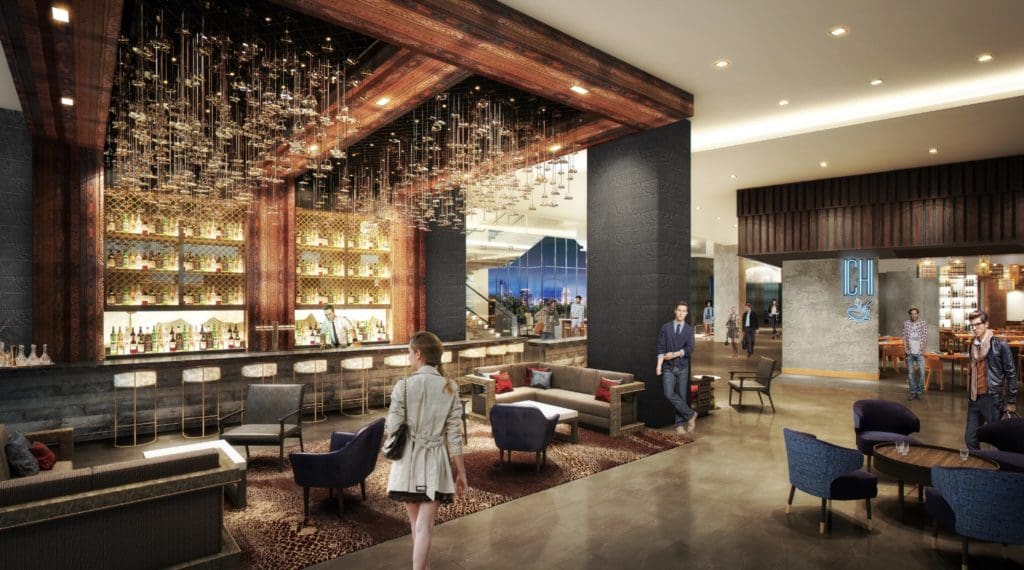 The lobby bar, Whiskey Moon, has modern Texan decor. 