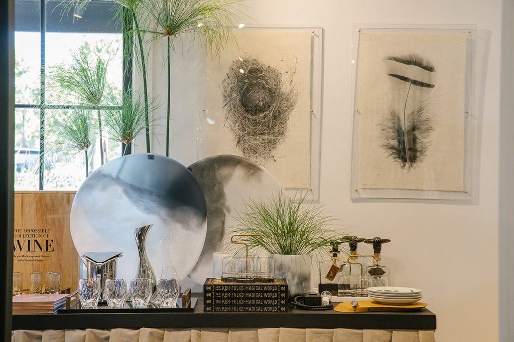 Chic home and beauty items line the shelves of the intimate store. 