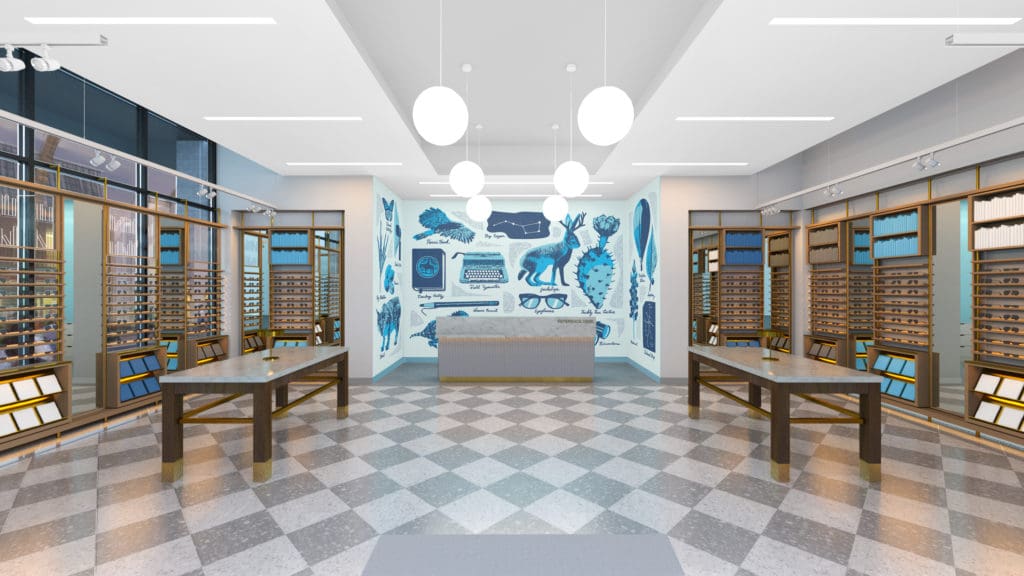 Rendering of Warby Parker's interiors at Legacy West