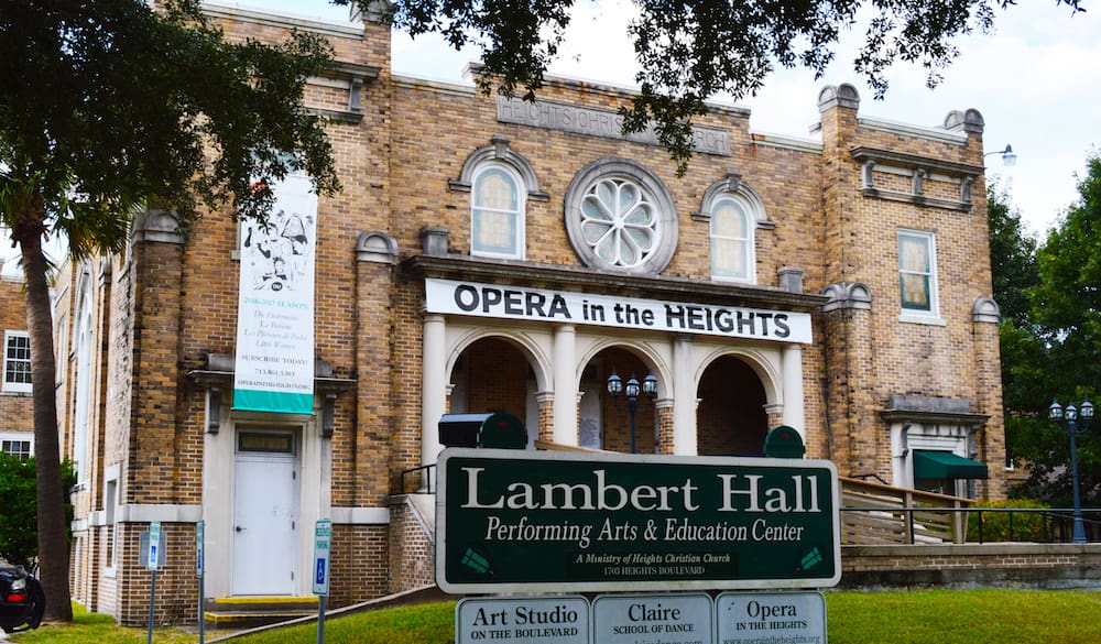 Lambert Hall, Opera in the Heights exterior of which "La fille de Regiment," is taking place in October. 
