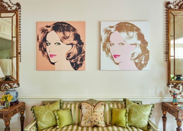 Andy Warhol's portrait of the luminous Lynn Wyatt, as installed in the Wyatt home today. Wyatt remains unchanged from her likeness captured by the Pop master around 1980. (Courtesy Paddle 8)