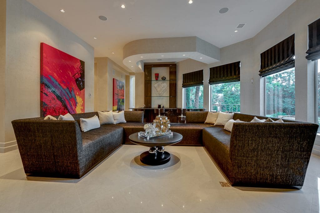 The roomy house has four living areas. 