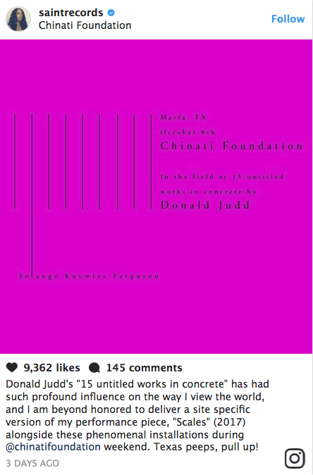 Solange sagely employed Instagram to share the news with her fans about her Marfa performance. 