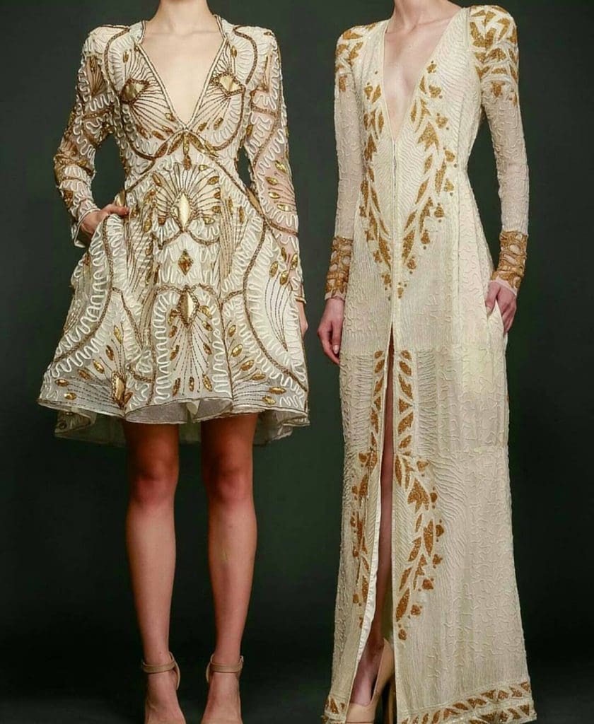 Ese Azenabor makes glitzy evening wear with intricate hand beading. 