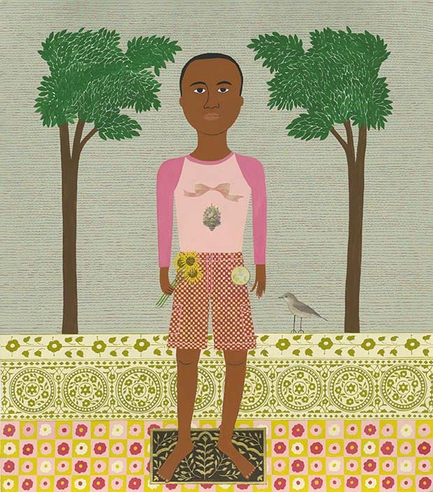 Lucy Fradkin's "Arthur Dreams of India," 2014, forsakes realism for a charming folk quality. (Collection and copyright the artist) 
by 
Acrylic gouache, collage, pencil, and metallic thread on paper
2014
Collection of the artist © Lucy Fradkin
