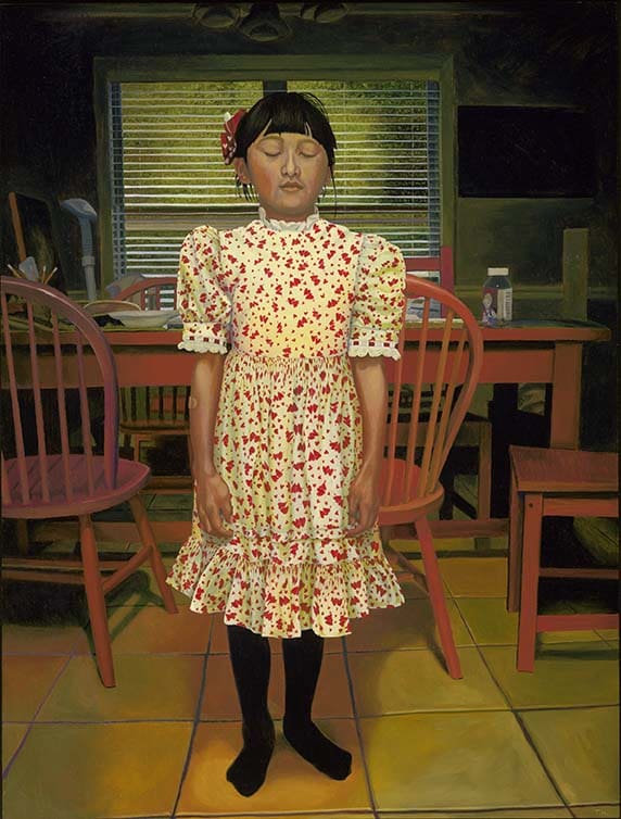 Thu Nguyen's charming and slightly surreal "The Valentine Dress," 2014. (Collection and copyright the artist) 
by 
Oil on panel
2014
Collection of the artist © Thu Nguyen