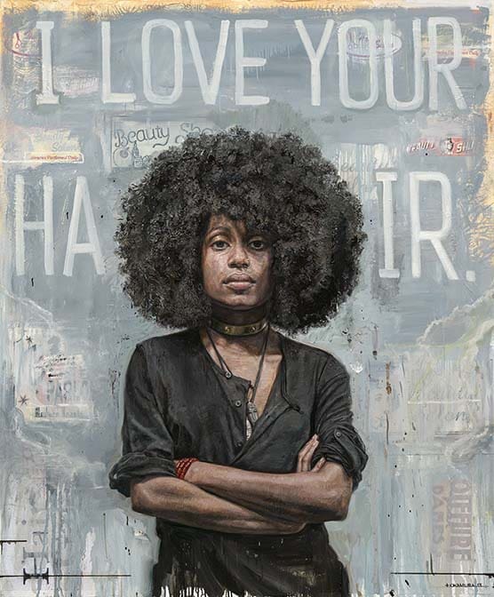 Tim Okamura's "I Love Your Hair," 2013, puts forth an optimistic portrait of identity. (Copyright the artist. Courtesy Yeelen Gallery, Miami.) 
by 
Oil and mixed media on canvas
2013
© Tim Okamura