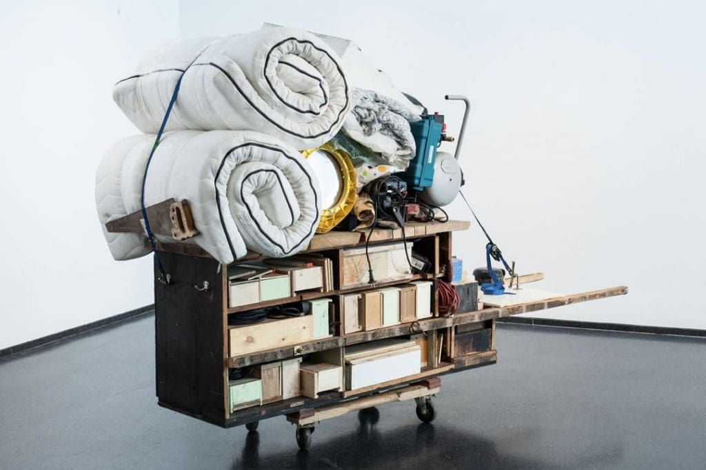 Theaster Gates' "Migration Rickshaw for Sleeping, Playing, and Building," 2013, installation view at Museum of Contemporary Art, Chicago (Photo by Sara Pooley)