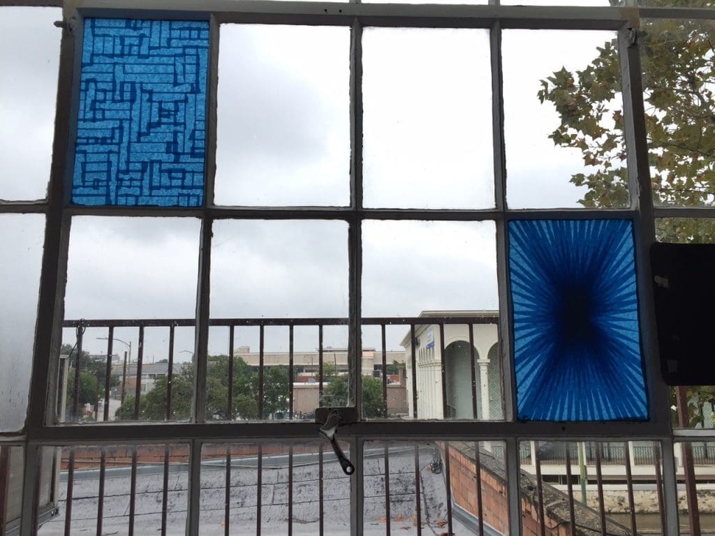 The view from Martha Wilson’s studio, with in-situ artworks left by previous artists-in-residence.