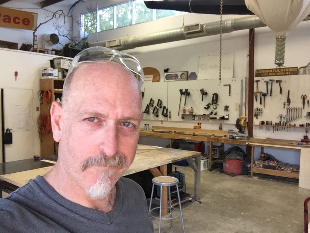 Heyd Fontenot takes a selfie in the Artpace wood shop.