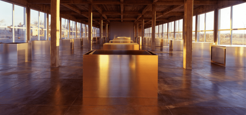 Donald Judd's work inside of the Chinati Foundation's sheds. 
