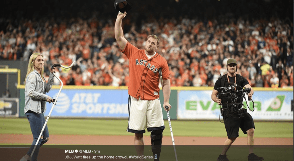 J.J. Watt came out with his girlfriend Kealia Ohai to throw out the first pitch of the World Series in Houston. (@MLB)