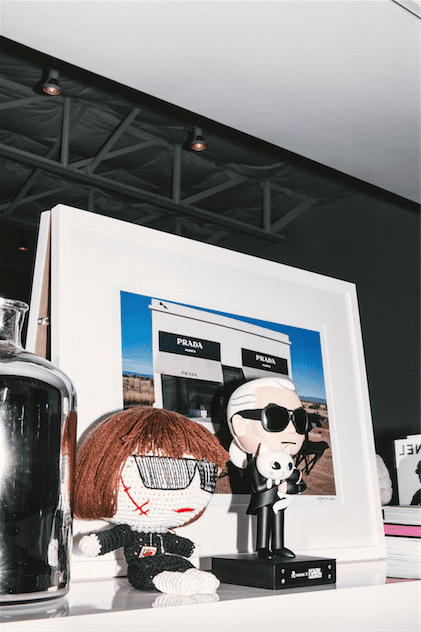 Limited-edition figurine of Karl Lagerfeld, by Simone Legno for Tokidoki. Crochet Anna Wintour doll by Mua Mua. Photograph Gray Malin. 