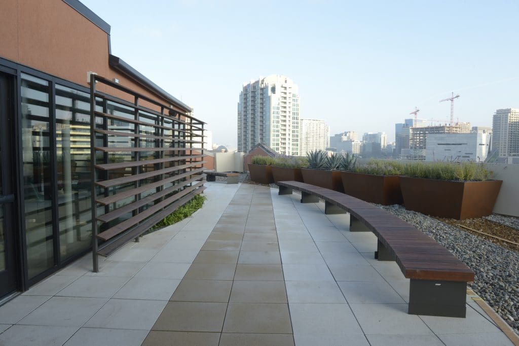 The roof deck offers amazing views of the Dallas skyline from West End. 