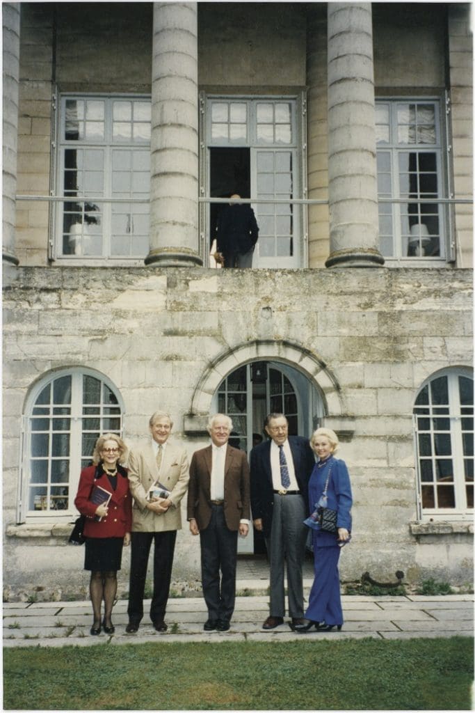 (from left) Nancy Dedman, Joe Minton, Desmond Guinness, Bob Goddard, Dottie Goddard at the home of Diana Mitford (a.k.a. Lady Mosely) circa 1990