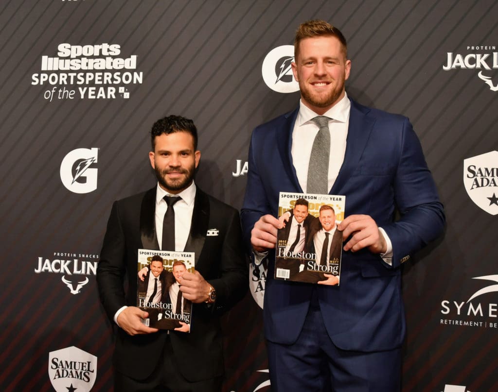 NEW YORK, NY - DECEMBER 05: Jose Altuve and J.J. Watt attend SPORTS ILLUSTRATED 2017 Sportsperson of the Year Show on December 5, 2017 at Barclays Center in New York City. Tune in to NBCSN on December 8 at 8 p.m. ET or Univision Deportes Network on December 9 at 8 p.m. ET to watch the one hour SPORTS ILLUSTRATED Sportsperson of the Year special. (Photo by Slaven Vlasic/Getty Images for Sports Illustrated)