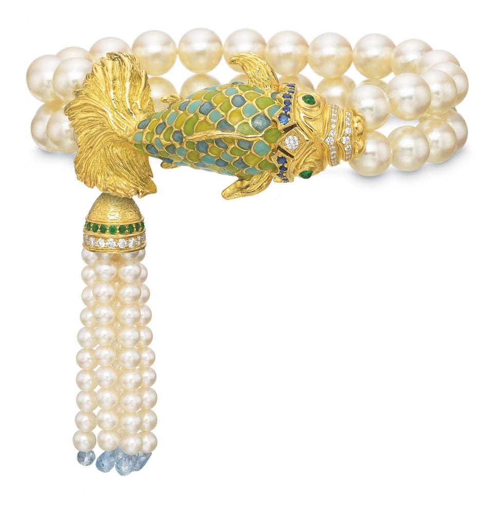 Andrew Glassford El Pescado bracelet with Akoya pearl and enamel