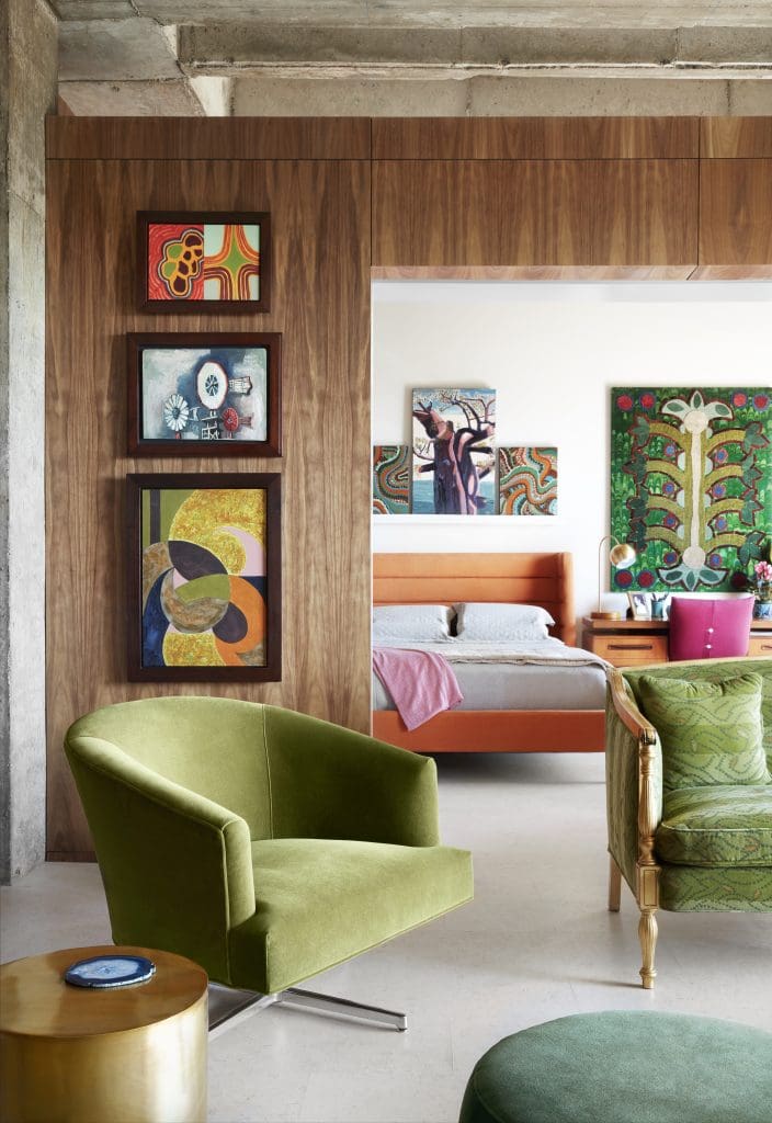 From top, Pam Nelson’s Bi Focal, 2000. Otis Dozier’s Windmills in Oklahoma, 1947. Pam Nelson’s Dance, 1998. Over the bed, George W. Bush’s Baobab Tree, 2017, is flanked by two of Pam Nelson’s Roots, 2003. 