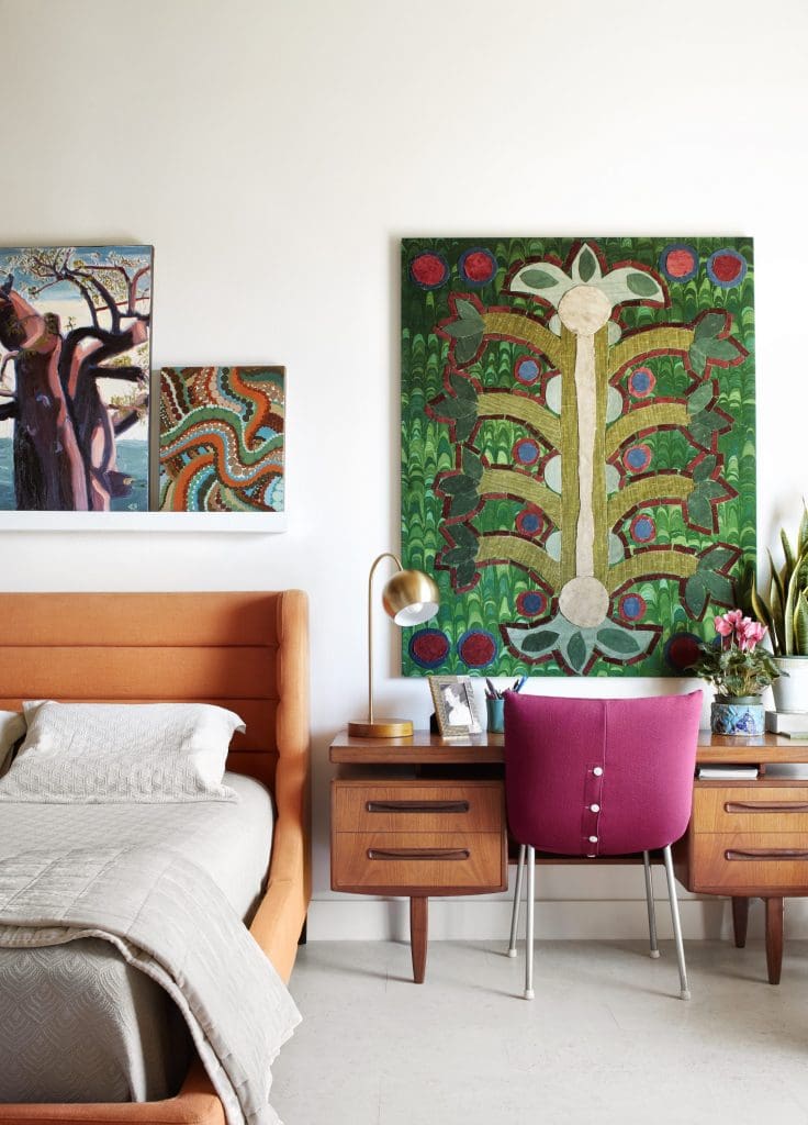 Tree of Life velvet collage with Jack Lenor Larsen fabric, 2015. Cantoni linen bed. Peacock Alley linens. Ligne Roset chair. Desk from Lucas Street Antiques. Brass lamp from Target.