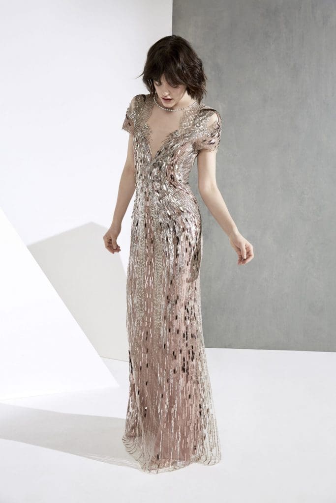 Jenny Packham rose pink and copper sequin gown. 