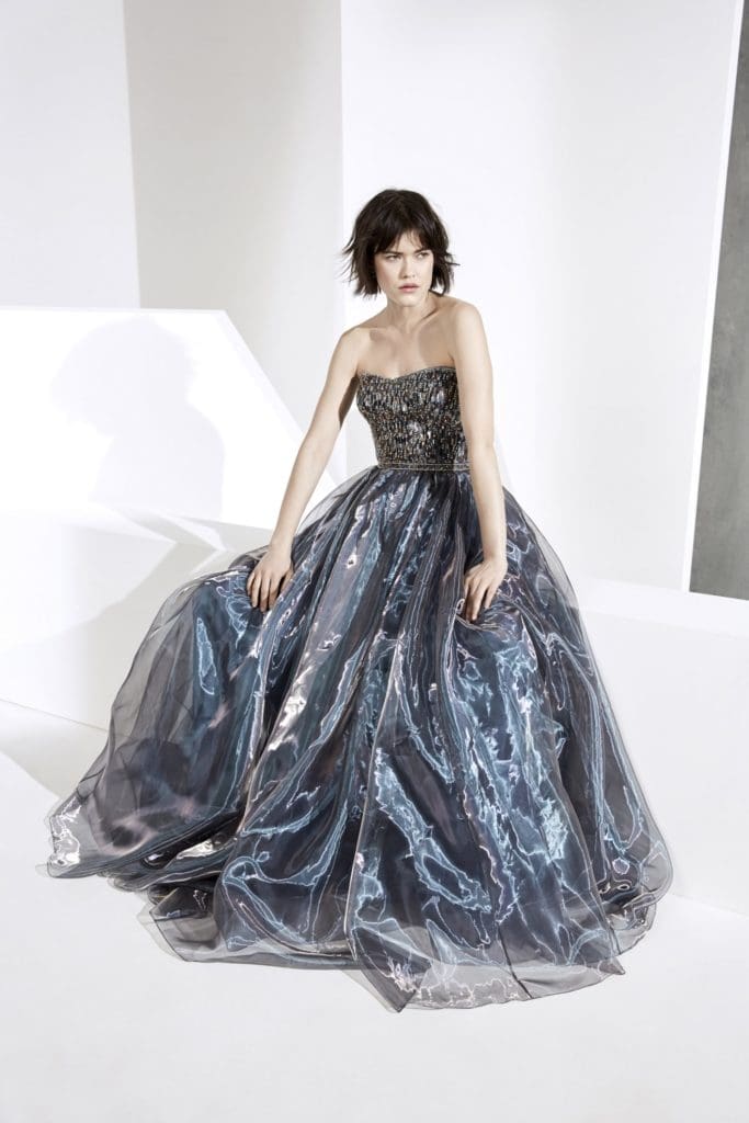 Jenny Packham liquid iridescent organza gown with copper sequin and crystal.