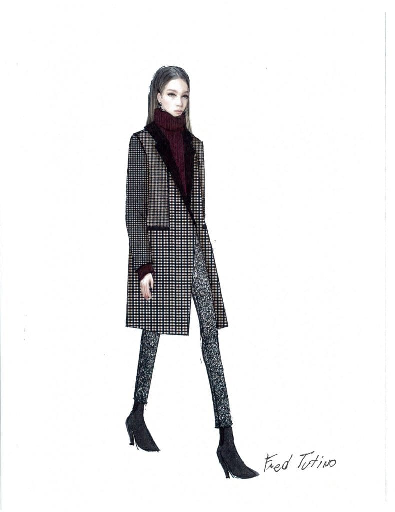 Folk Dandy - a concept which mixes an English eccentric’s Saville Row tailoring with a Balkan’s folk spirit," — Carlisle designer Fred Tutino. (Sketch courtesy of Carlisle.)