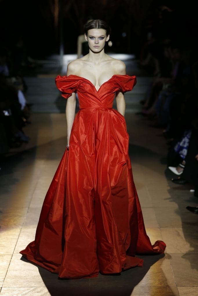 Carolina Herrera strapless red gown.
