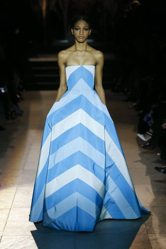 Carolina Herrera strapless blue and white striped gown.