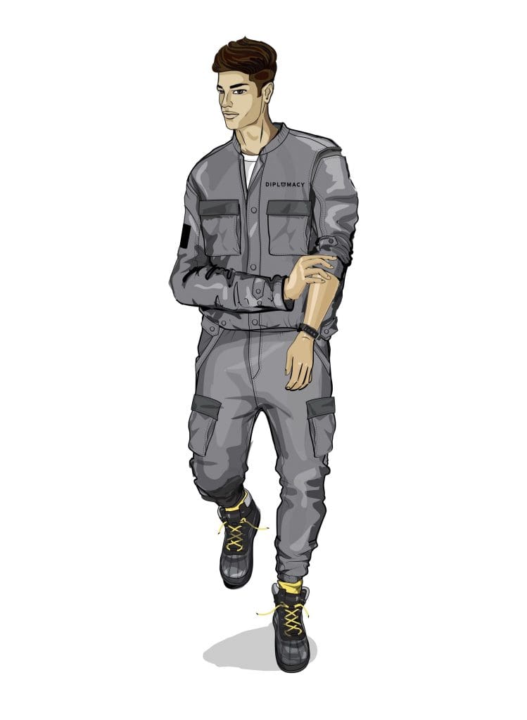 "I'm inspired by the unique movement through NYC. It's a fusion of cultures, where the MetroCard is your ticket to experience the world. I see Diplomacy in action — uptown high-fashion meets downtown streetwear to convey a million
 different statements on individuality. It is this melting pot of creativity that inspires me to create a fresh, modern perspective on menswear. — Diplomacy creative designer Eric Archibald. (Sketch courtesy of Diplomacy.)