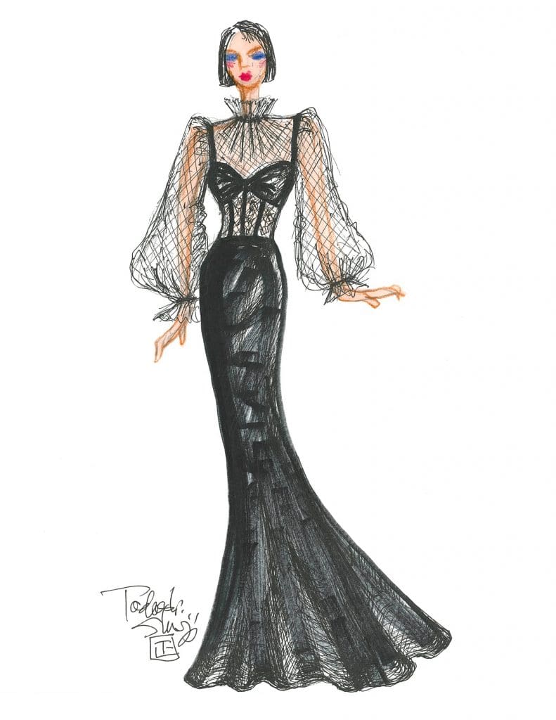 "Never Boring. Always Daring," — Tadasjhi Shoji. (Sketch Courtesy of Tadashi Shoji.)