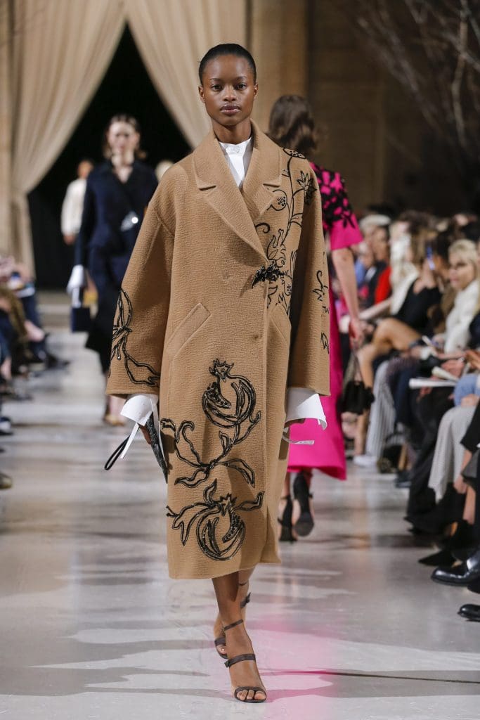 Oscar de la Renta coated double face camel coat with pomegranate embroidery. 