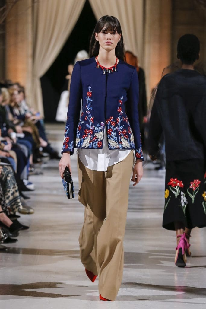 Oscar de la Renta brushed wool cashmere jacket with pheasant embroidery, white stretch cotton poplin  blouse and cotton twill pants.