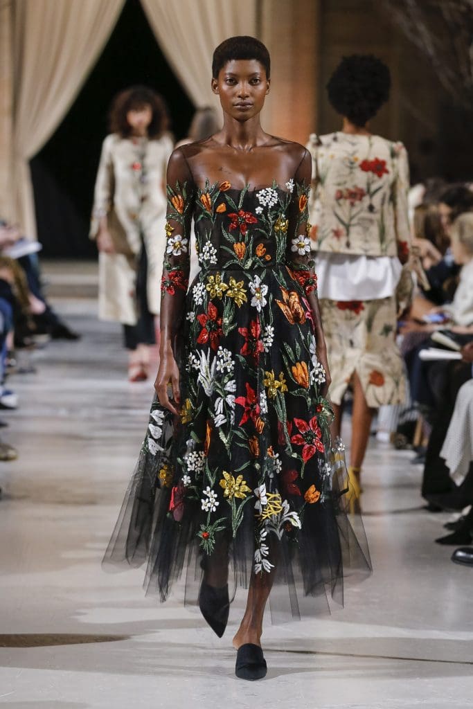 Oscar de la Renta hand-painted black tulle gown with floral embroidery. 