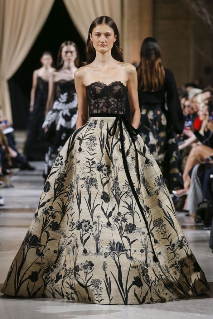 Oscar de la Renta black corded fern lace and rustic flower harvest jacquard gown.