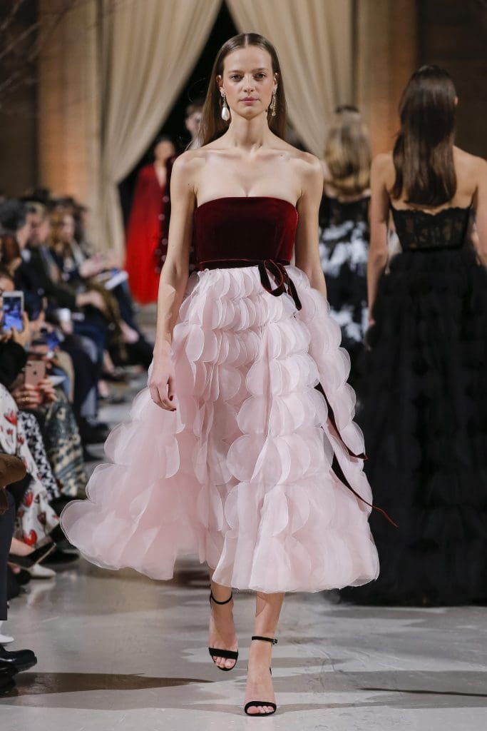 Oscar de la Renta crimson velvet and organza circle tea-length gown.