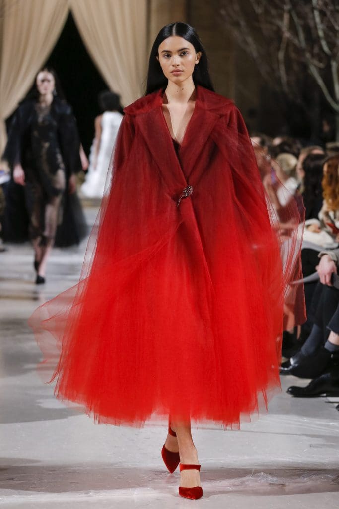 Oscar de la Renta dip dyed tulle coat, ruby velvet slip dress. 