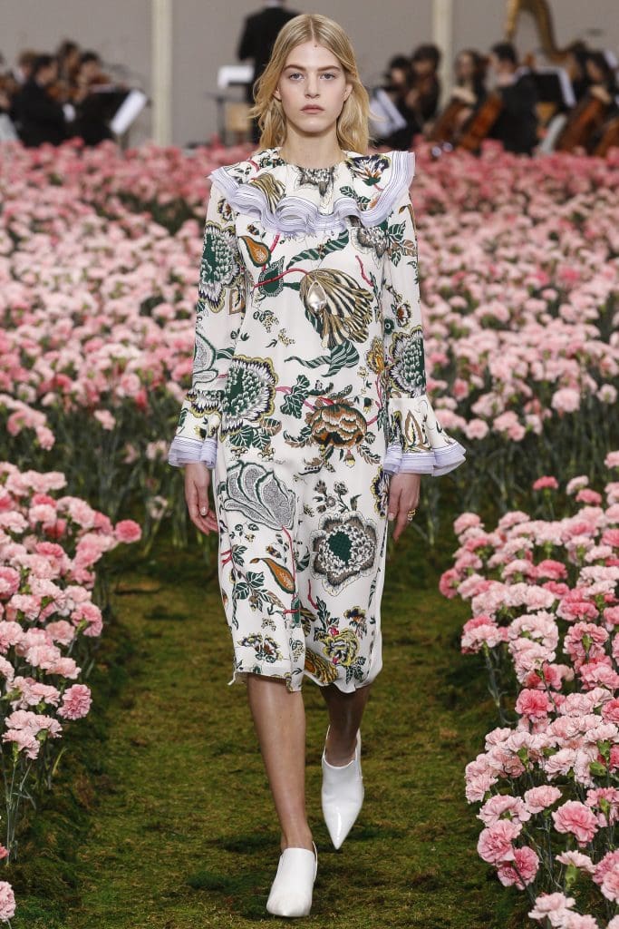Tory Burch "Happy Times" print silk georgette dress with ruffles.