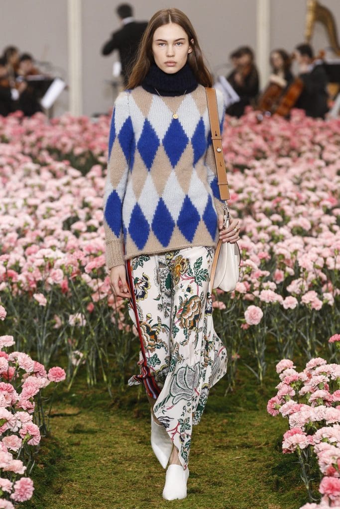 Tory Burch argyle mohair sweater, "Happy Times" print crepe de chine skirt.