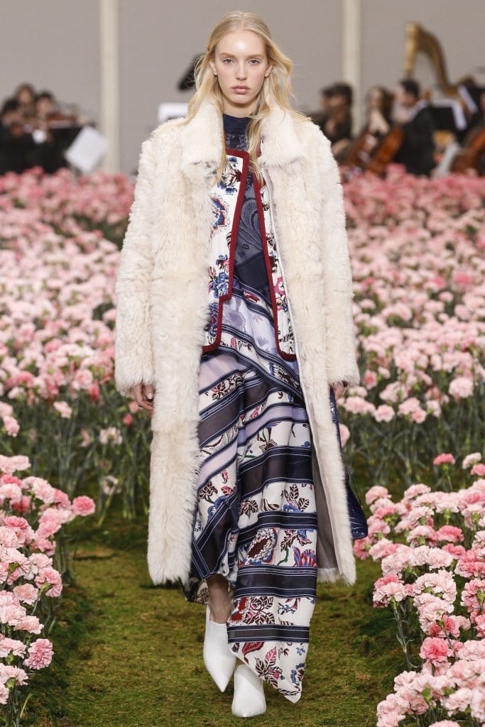 Tory Burch shearling coat, "Happy Times" print organza and crepe de chine dress and jacket.