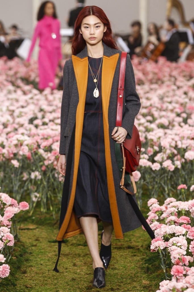 Tory Burch bonded wool satin coat and denim dress.