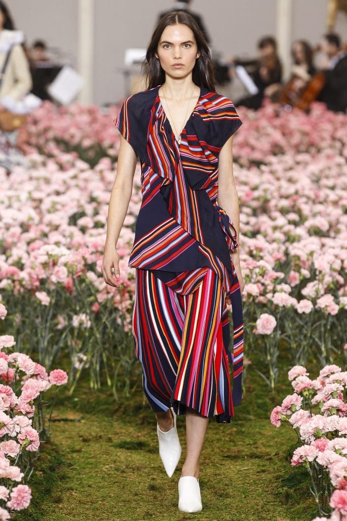Tory Burch viscose crepe wrap top and striped viscose skirt.