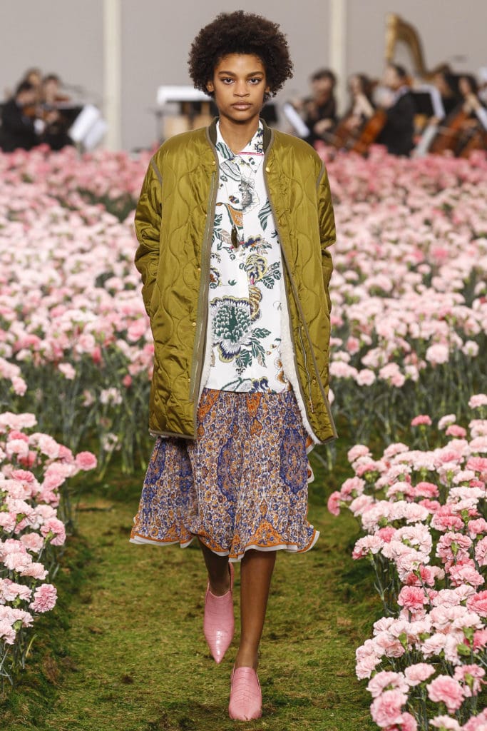 Tory Burch Ripstop coat, "Happy Times" print crepe de chine skirt and soiree-print plisse georgette wrap skirt.