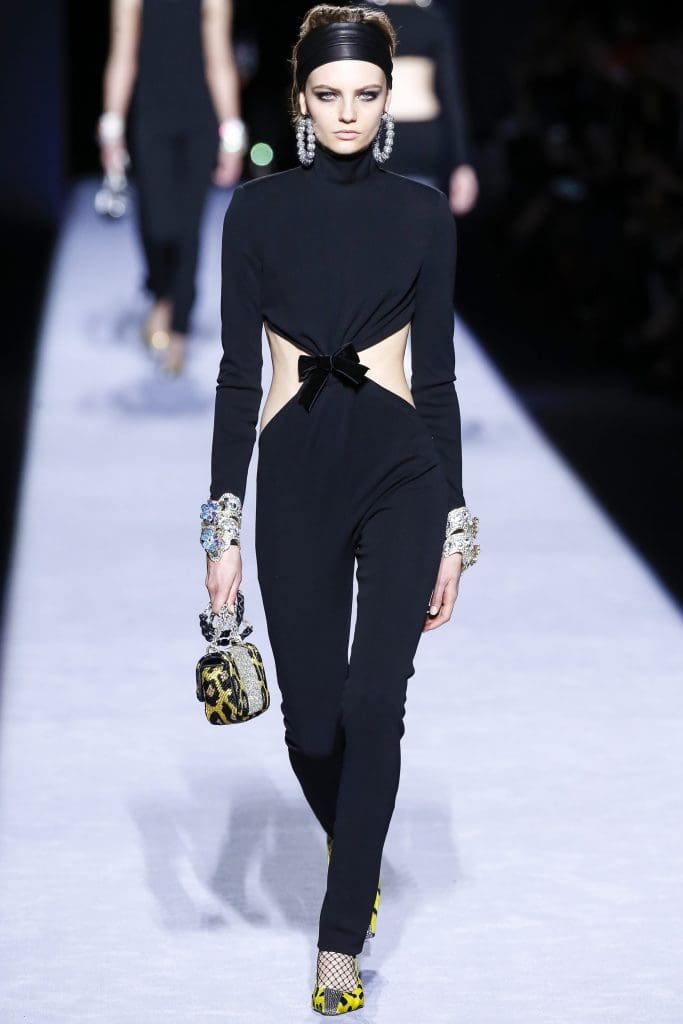 Evening jumpsuit with cutouts  from the Tom Ford fall collection, debuted at New York Fashion Week.