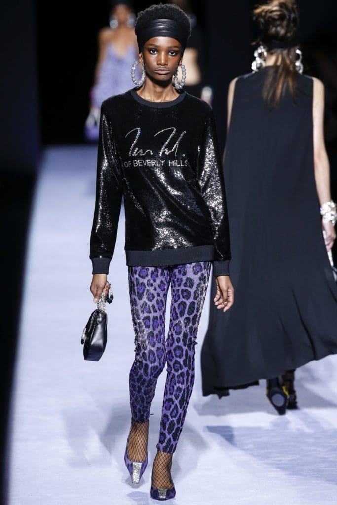 Sequined sweatshirt and animal print leggings from the Tom Ford fall 2018 collection, which debuted at New York Fashion Week
