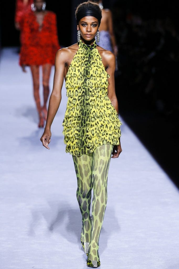 Tiered chiffon print halter blouse and leggings from the Tom Ford fall 2018 collection, which debuted at New York Fashion Week.